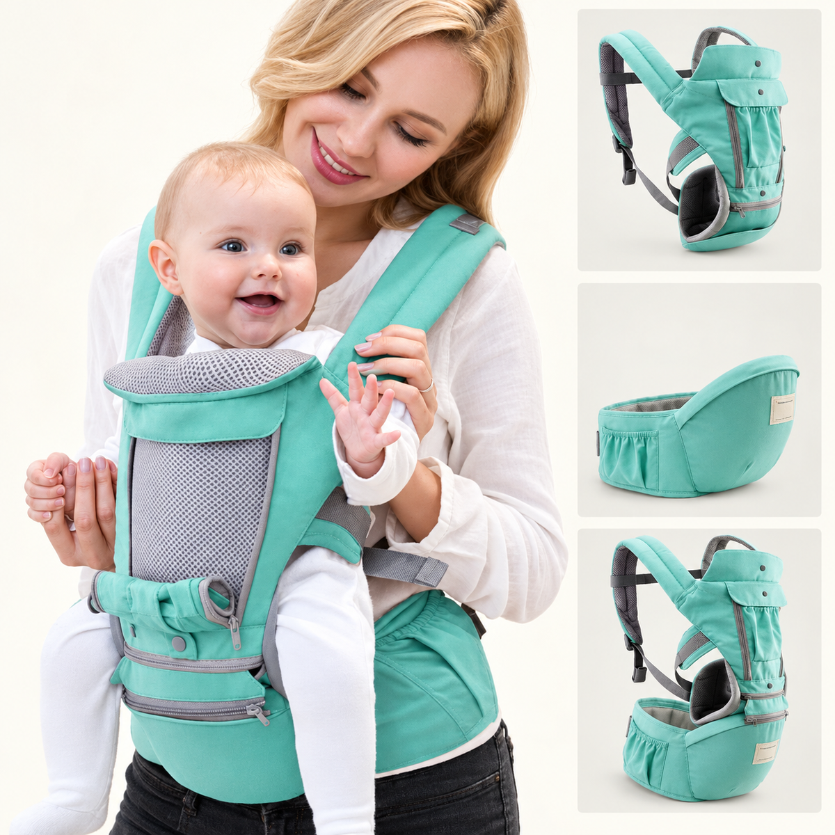 Canguru ergonômico verde em uso com vistas do hipseat e estrutura 3 em 1