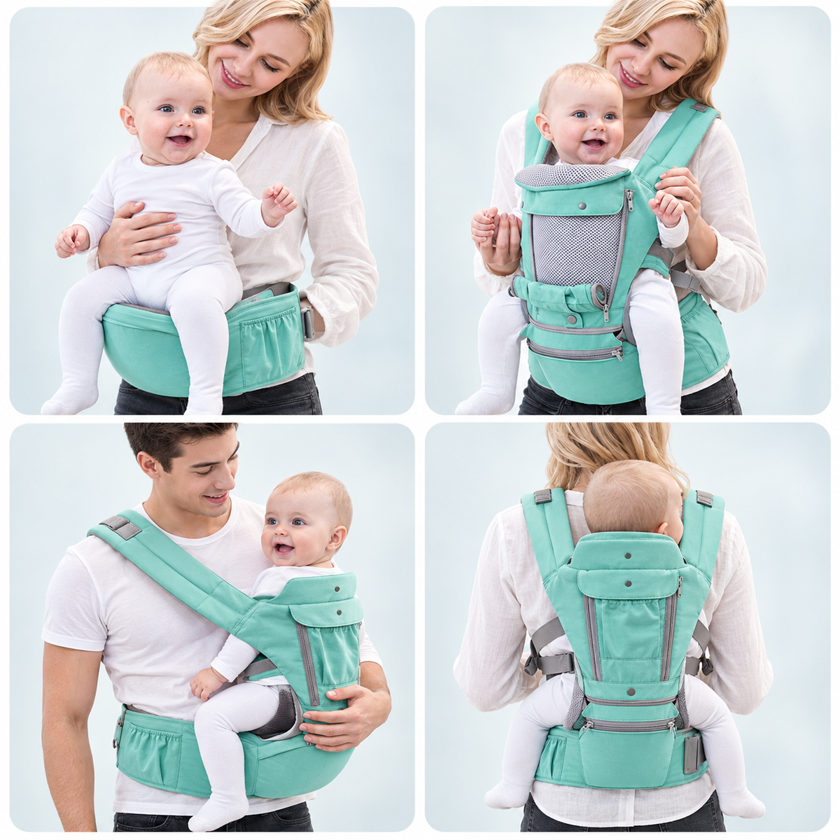Canguru ergonômico verde 3 em 1 em quatro configurações de passeio