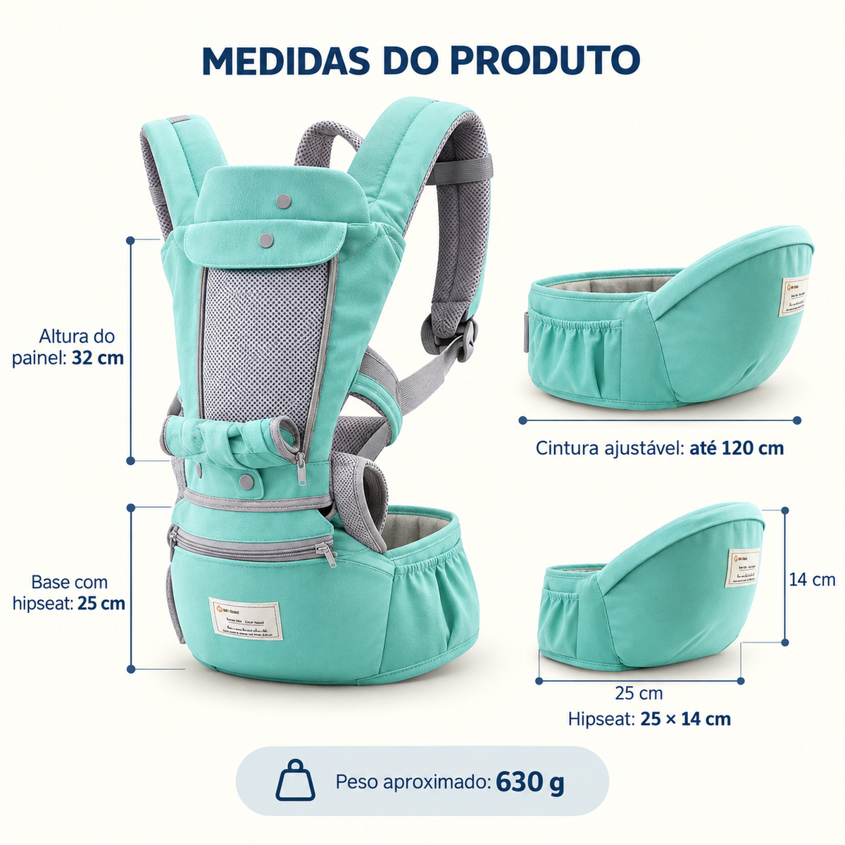 Medidas do canguru ergonômico verde 3 em 1 com hipseat e cintura ajustável
