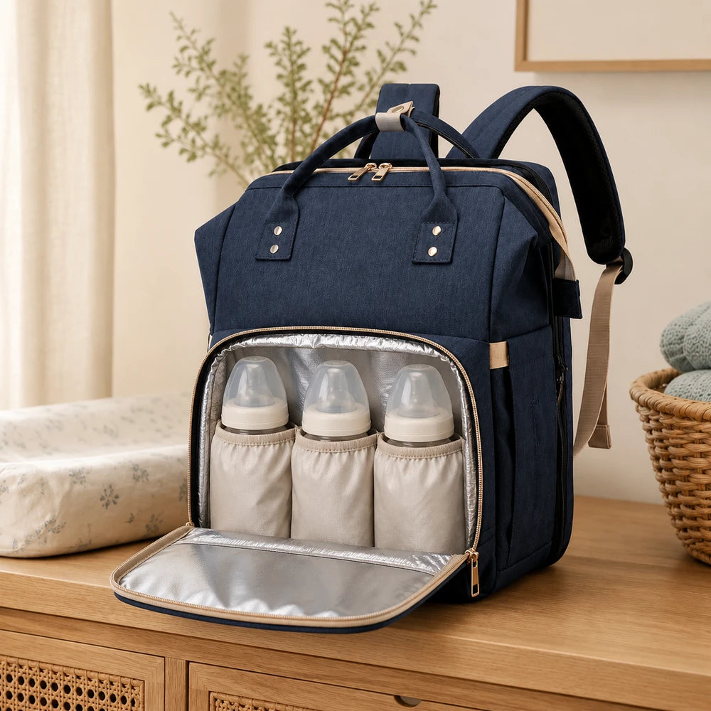 Bolso térmico frontal da mochila maternidade com espaço para três mamadeiras