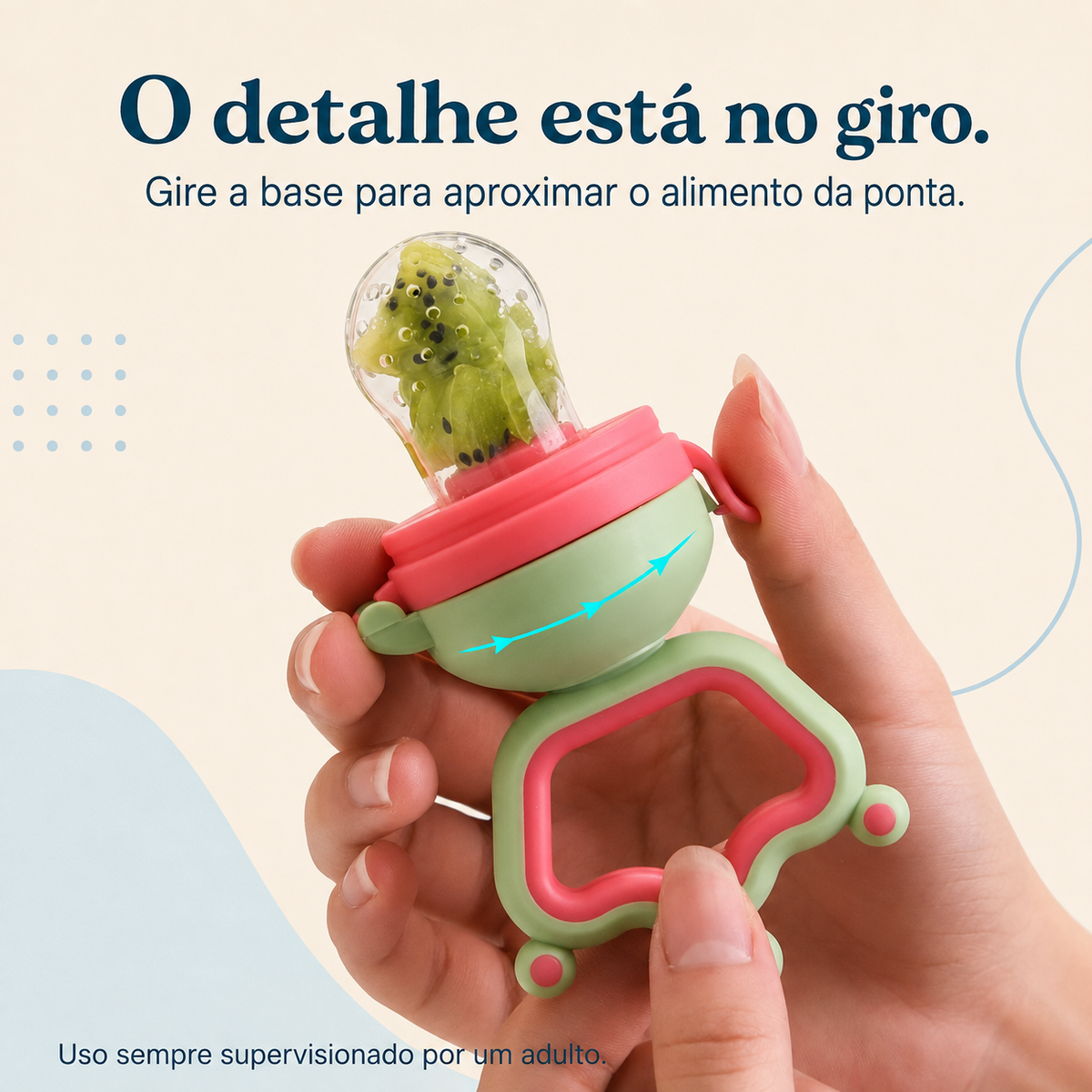O detalhe está no giro: gire a base para aproximar o alimento da ponta