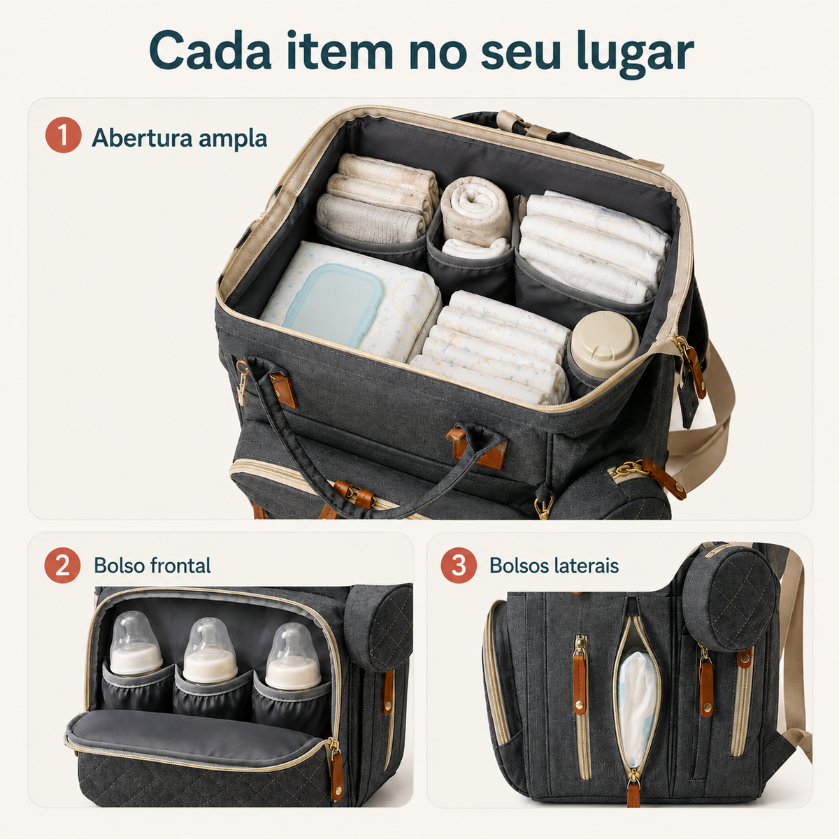 Abertura ampla e bolsos organizadores da mochila maternidade