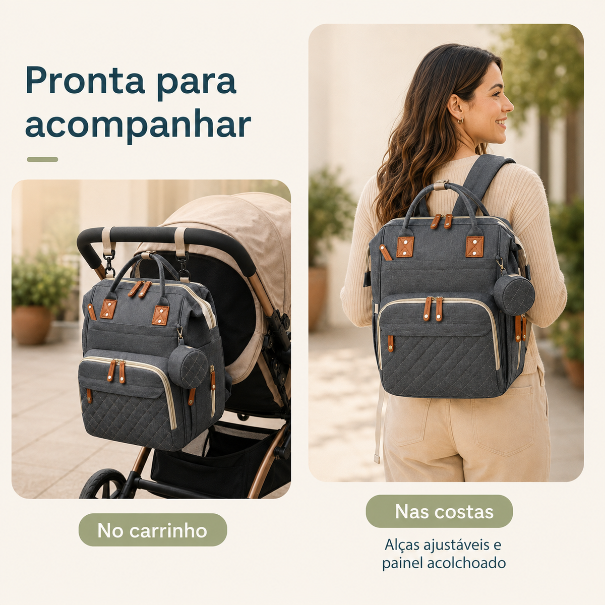 Mochila maternidade no carrinho e nas costas