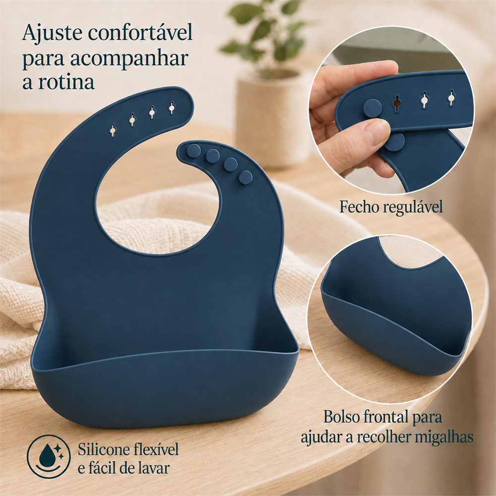 Babador azul escuro com bolso coletor e ajuste de pescoço