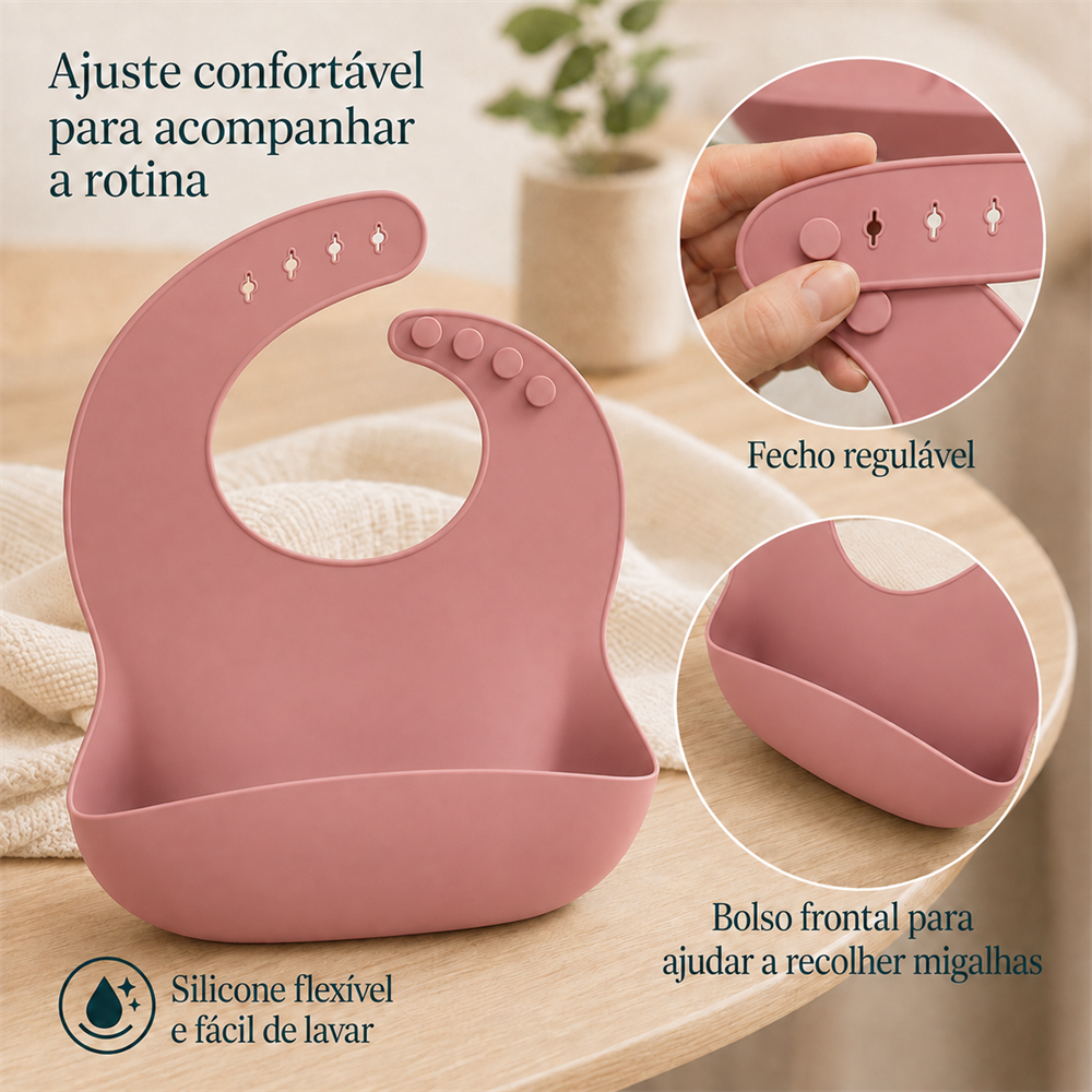 Babador rosa com bolso coletor e ajuste de pescoço