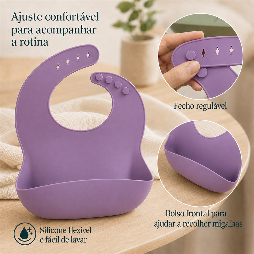 Babador roxo com bolso coletor e ajuste de pescoço