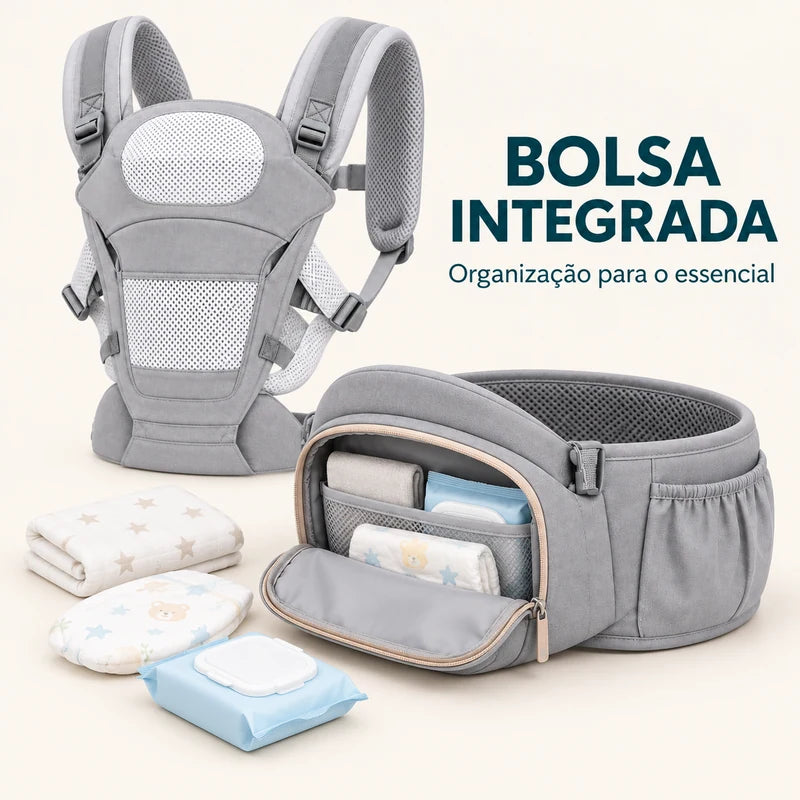 bolsa integrada do hipseat aberta com itens essenciais