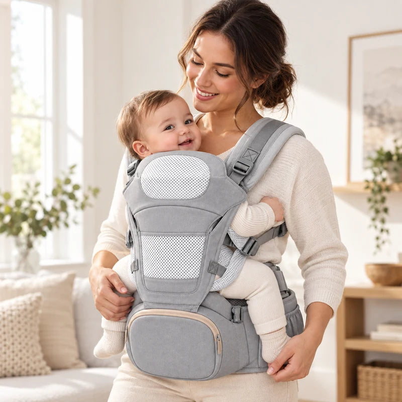 canguru com hipseat em uso frontal voltado para o cuidador