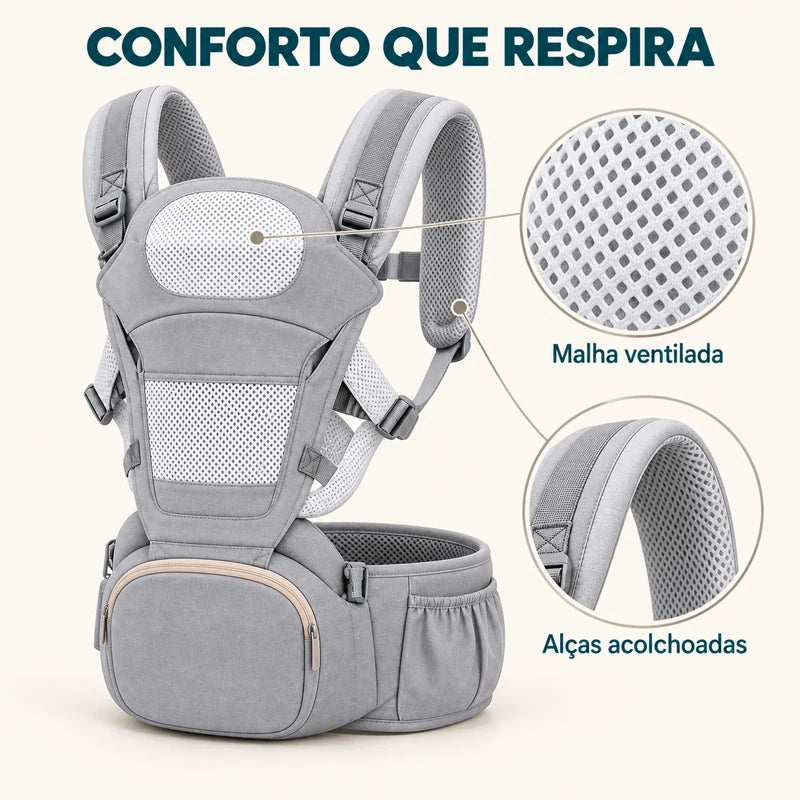 malha ventilada e alças acolchoadas do canguru com hipseat
