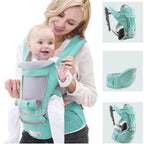 Canguru ergonômico verde 3 em 1 mostrando configurações de uso e ajustes