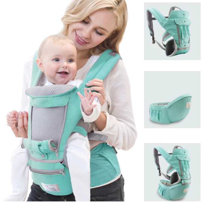 Canguru ergonômico verde 3 em 1 mostrando configurações de uso e ajustes