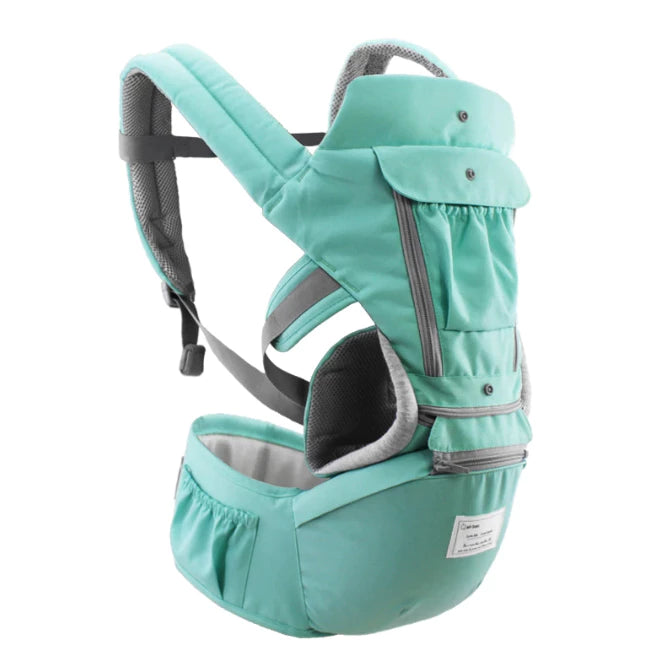 Canguru ergonômico verde completo com painel, zíperes e hipseat