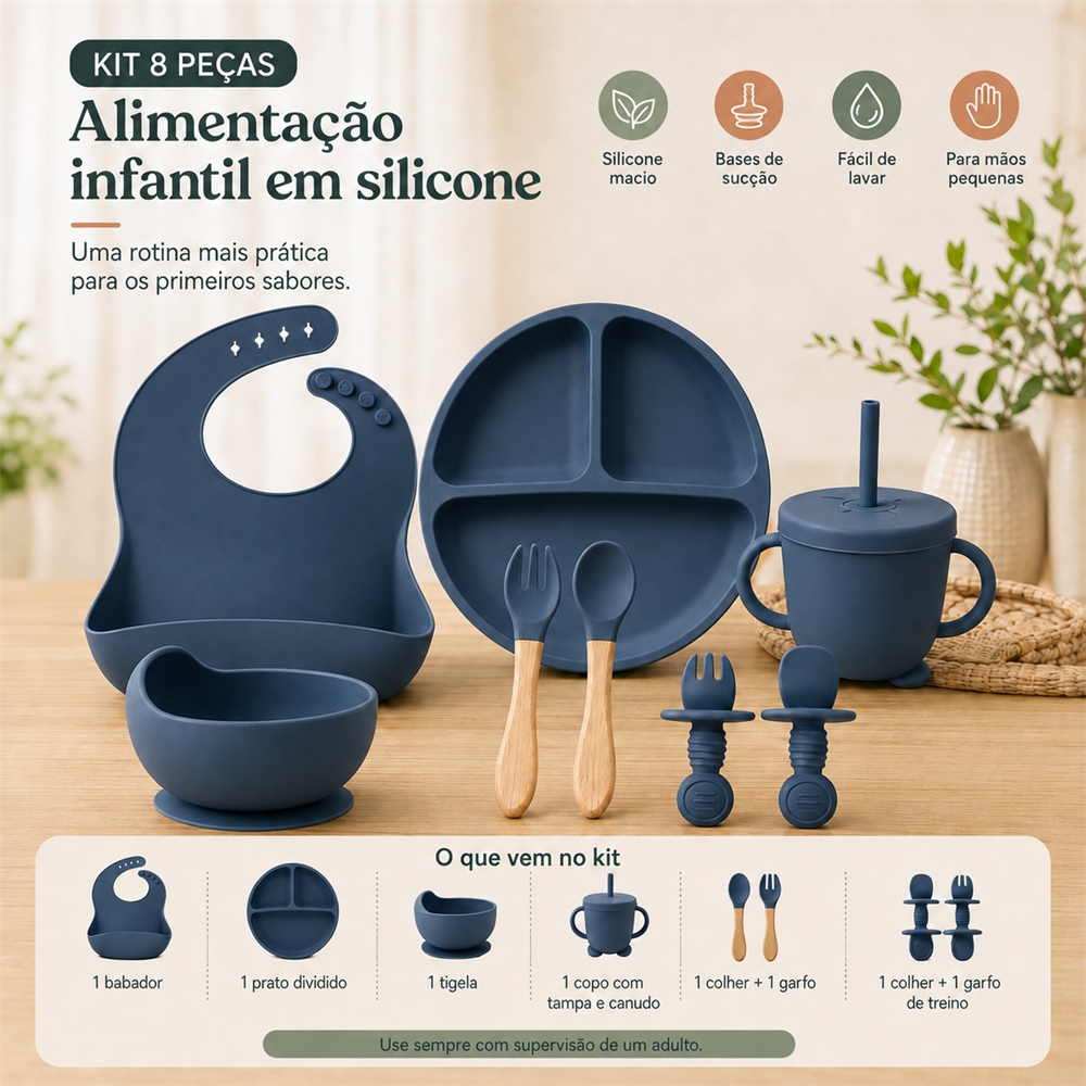 Kit de alimentação infantil azul escuro com identificação das 8 peças