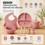 Kit de alimentação infantil rosa com identificação das 8 peças