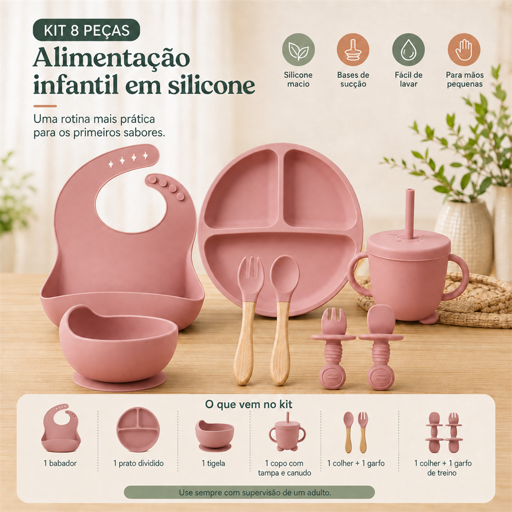 Kit de alimentação infantil rosa com identificação das 8 peças