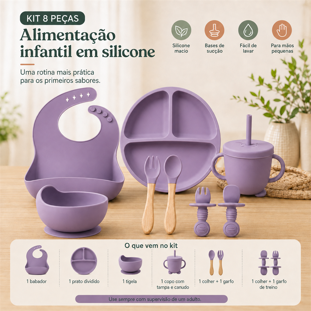 Kit de alimentação infantil roxo com identificação das 8 peças