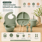 Kit de alimentação infantil verde militar com identificação das 8 peças