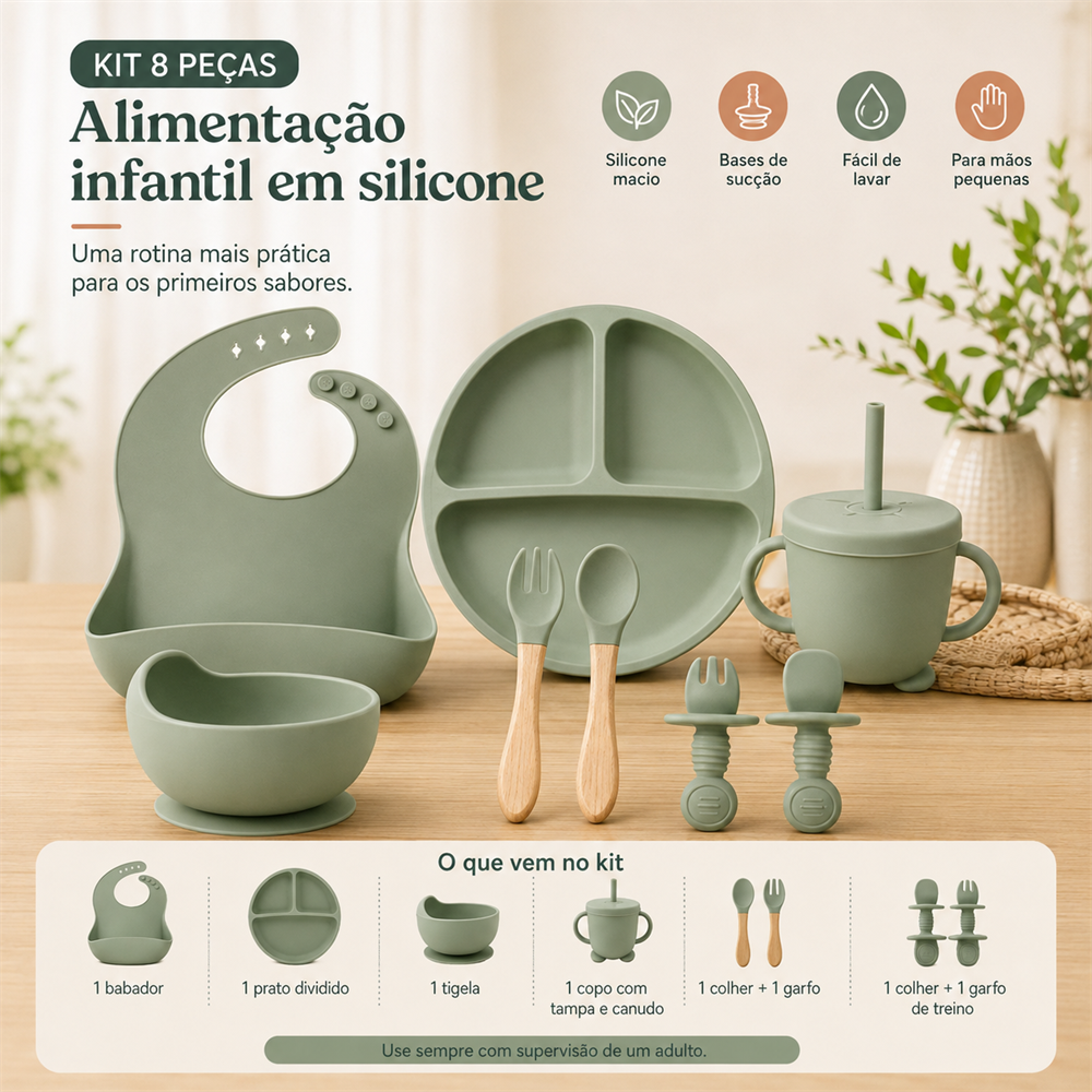 Kit de alimentação infantil verde militar com identificação das 8 peças