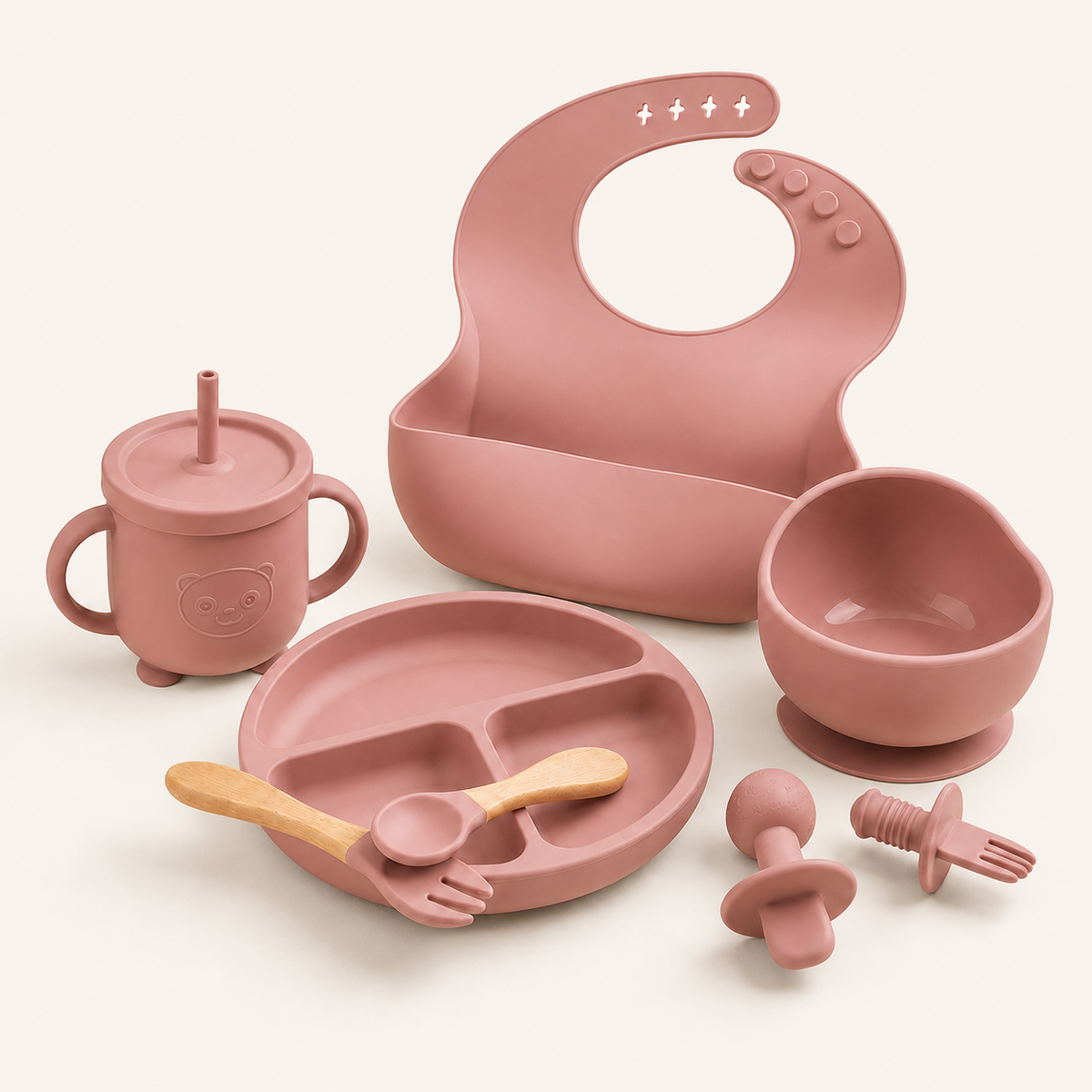 Kit para introdução alimentar rosa com 8 peças em fundo off-white Alumi
