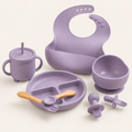 Kit para introdução alimentar roxo com 8 peças em fundo off-white Alumi