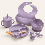 Kit para introdução alimentar roxo com 8 peças em fundo off-white Alumi