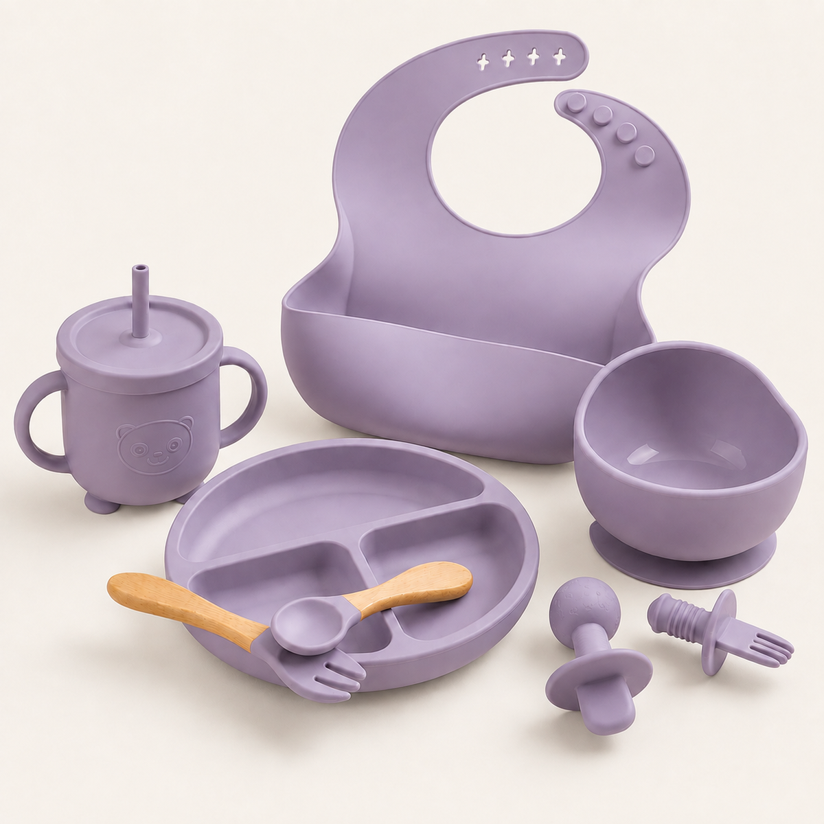 Kit para introdução alimentar roxo com 8 peças em fundo off-white Alumi