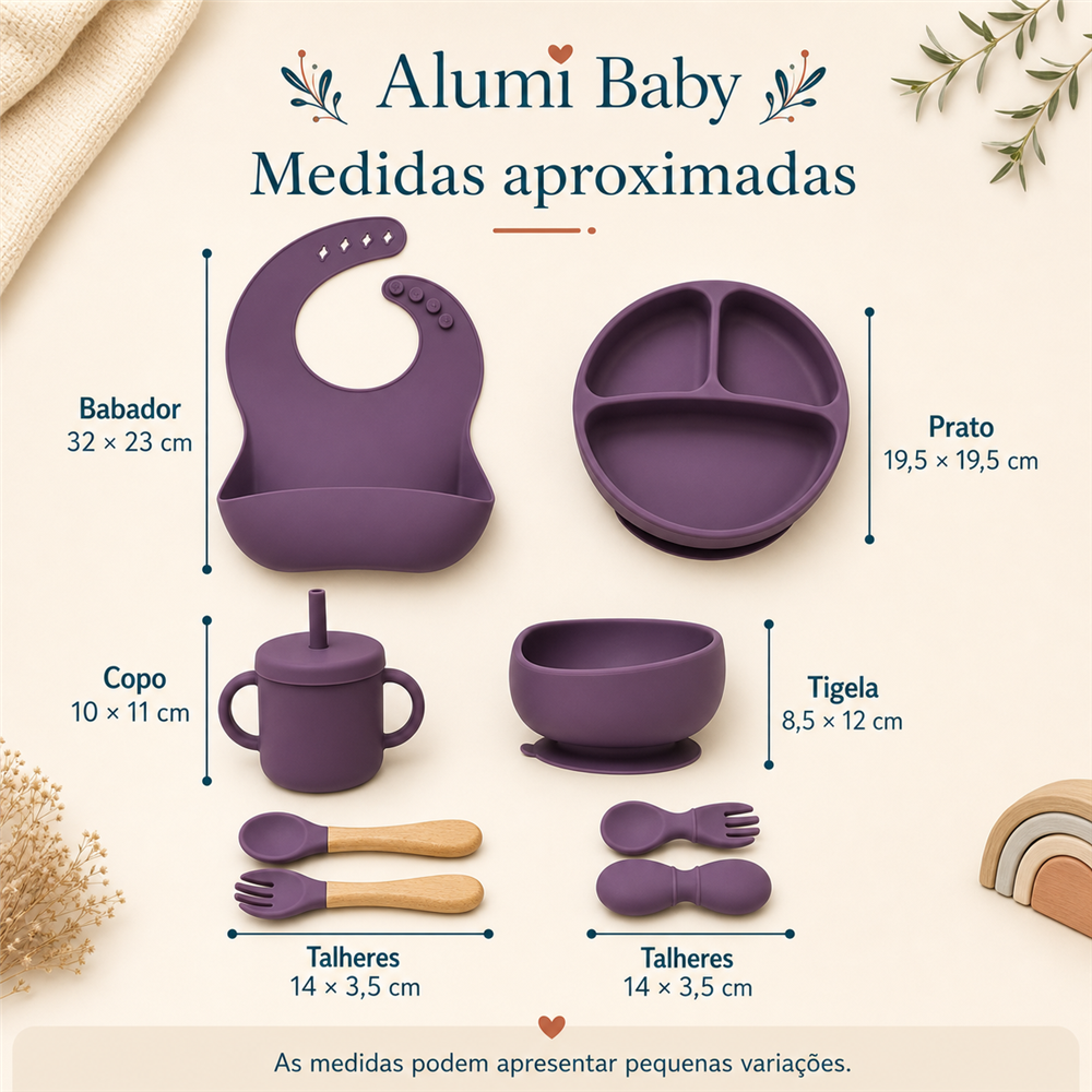 Medidas aproximadas das peças do kit roxo