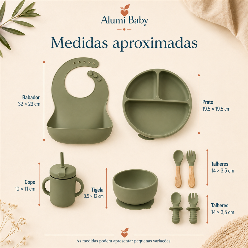 Medidas aproximadas das peças do kit verde militar