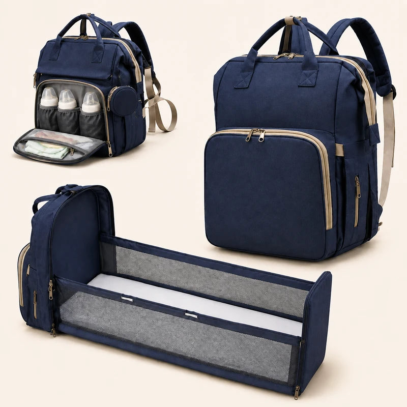 Mochila maternidade azul-escuro fechada, com bolso térmico aberto e área extensível montada