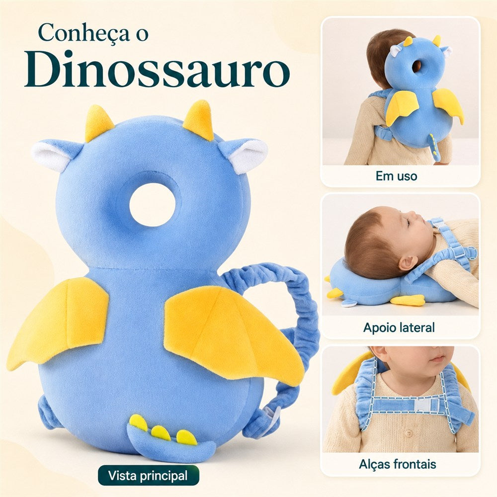 Vistas da mochila acolchoada de dinossauro azul e suas alças