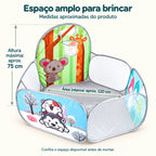 Piscina de bolinhas infantil Safari apresentada em diferentes ângulos com medidas aproximadas