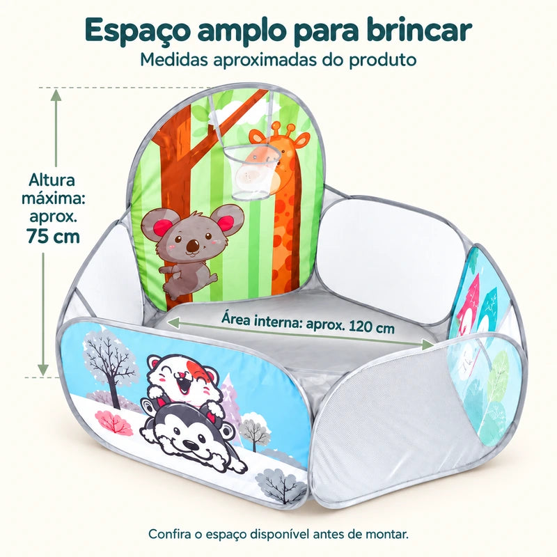 Piscina de bolinhas infantil Safari apresentada em diferentes ângulos com medidas aproximadas