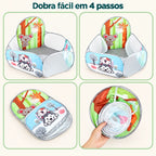 Piscina de bolinhas infantil Safari nas etapas de abertura, dobra e armazenamento