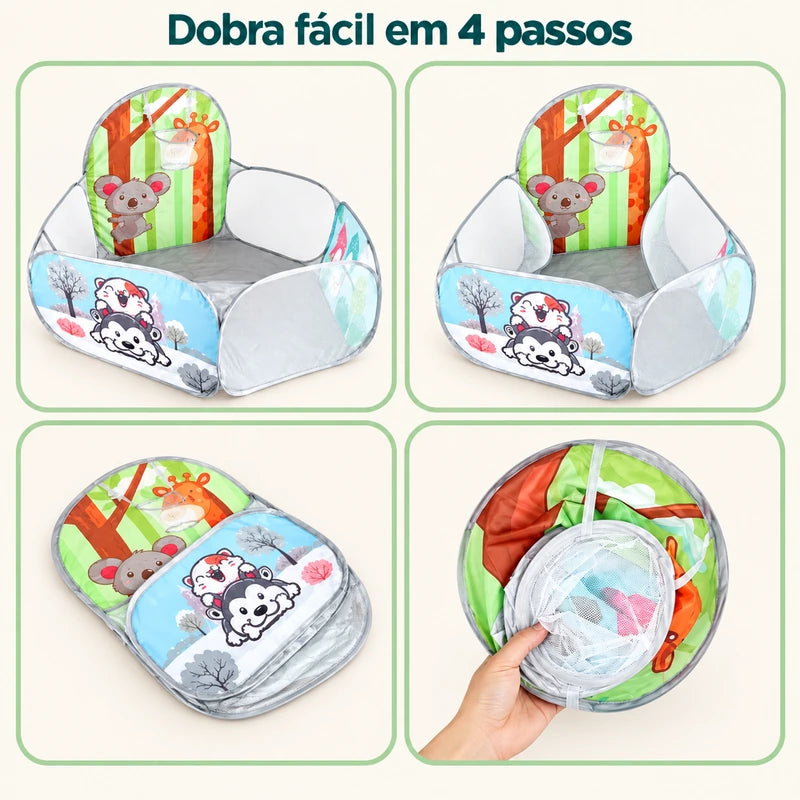 Piscina de bolinhas infantil Safari nas etapas de abertura, dobra e armazenamento