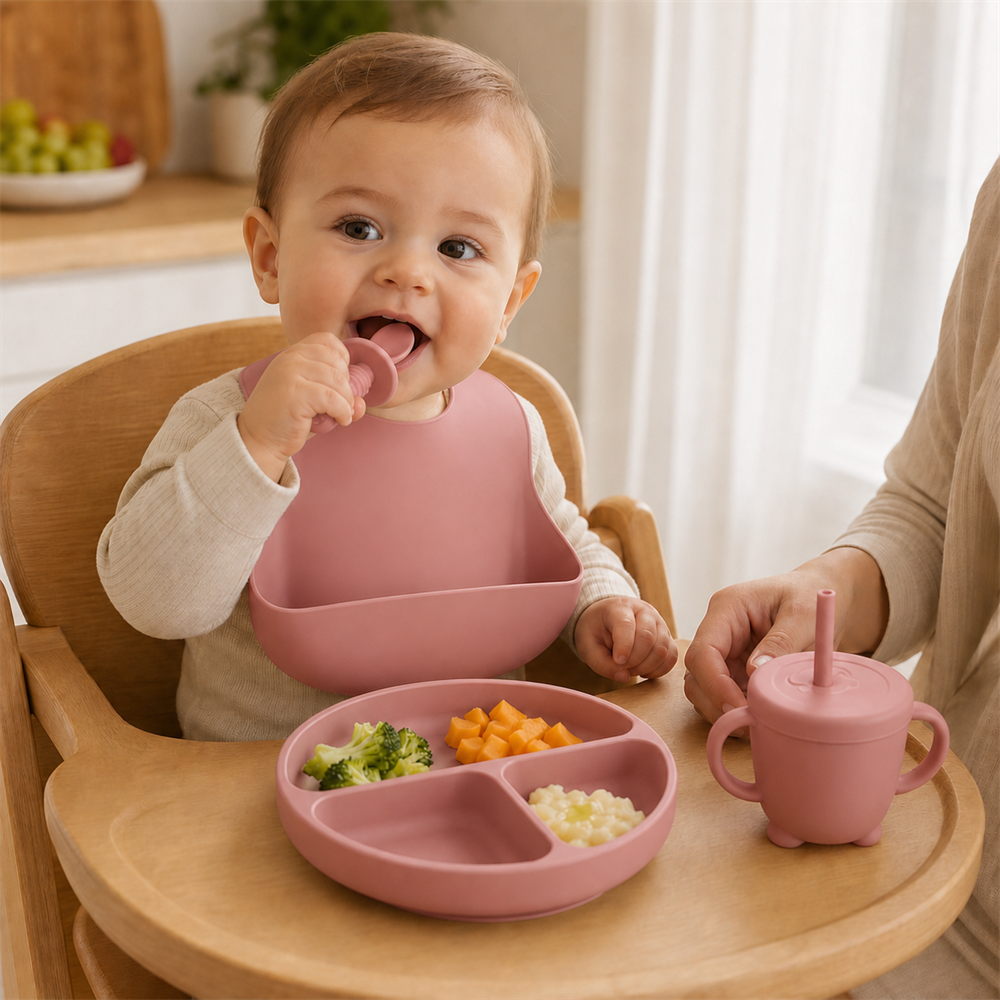 Kit rosa organizado para a introdução alimentar do bebê