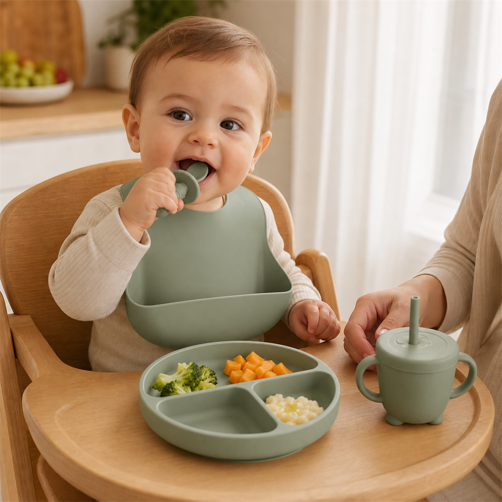 Kit verde militar organizado para a introdução alimentar do bebê